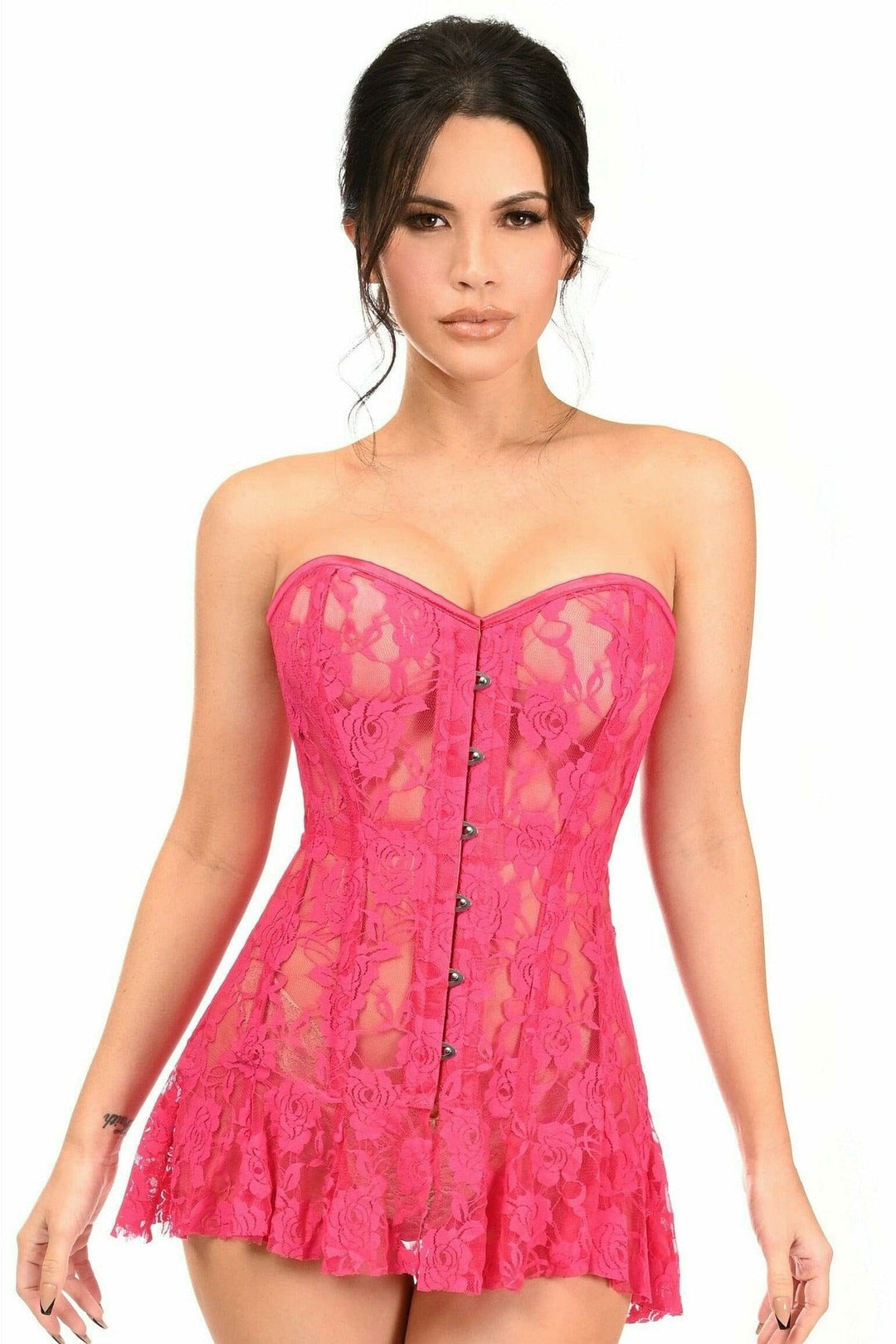 Lavish Fuchsia Sheer Lace Corset Dress-Corset Dresses-Daisy Corsets-Fuchsia-S-SEXYSHOES.COM