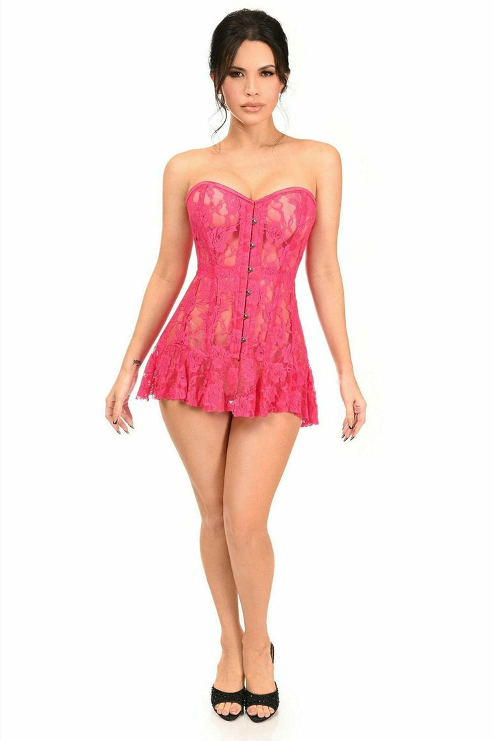 Lavish Fuchsia Sheer Lace Corset Dress-Corset Dresses-Daisy Corsets-SEXYSHOES.COM