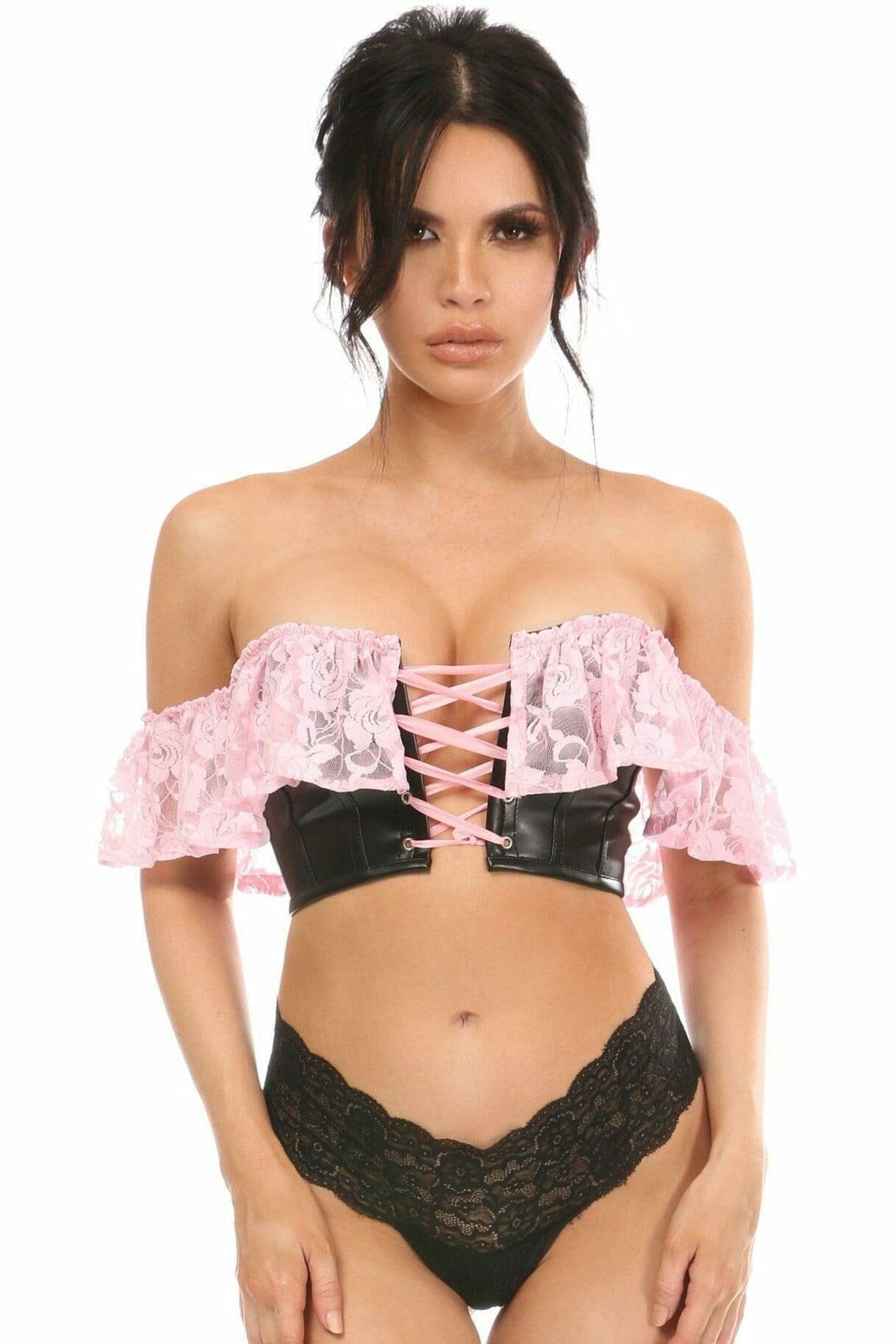 Lavish Lt Pink Lace & Faux Leather Bustier Top-Bustier Tops-Daisy Corsets-Pink-S-SEXYSHOES.COM