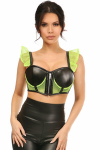 Daisy Corsets Lavish Neon Green Fishnet & Faux Leather Underwire Bustier Top w/Removable Ruffle Sleeves in Neon  from SexyShoes.com