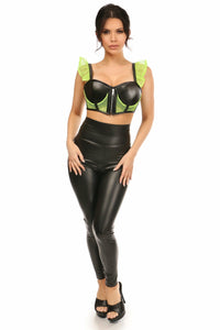 Daisy Corsets Lavish Neon Green Fishnet & Faux Leather Underwire Bustier Top w/Removable Ruffle Sleeves in Neon 