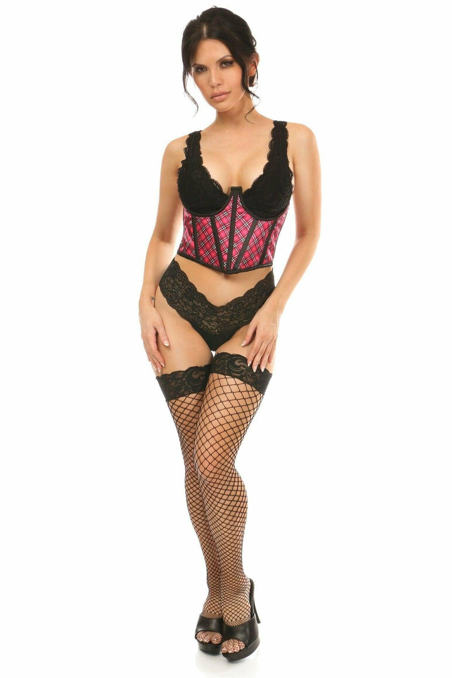 Daisy Corsets Lavish Pink Plaid Satin Open Cup Waist Cincher in Pink 
