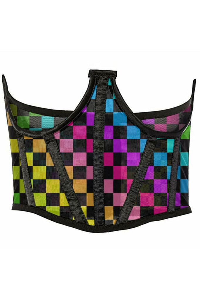 Daisy Corsets Lavish Rainbow Checkers Print Mesh Open Cup Waist Cincher in Rainbow  from SexyShoes.com