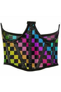 Daisy Corsets Lavish Rainbow Checkers Print Mesh Open Cup Waist Cincher in Rainbow  from SexyShoes.com