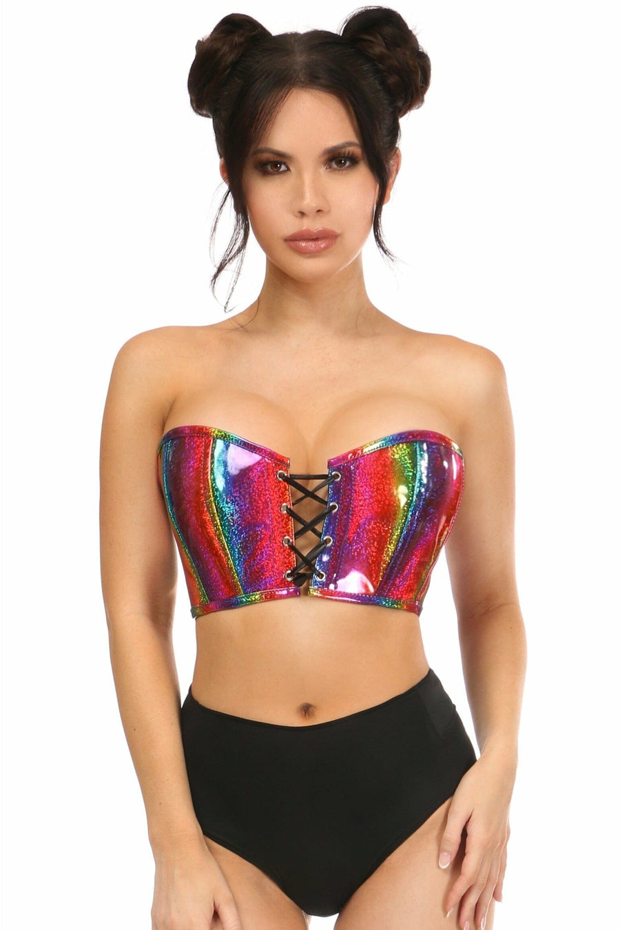 Daisy Corsets Lavish Rainbow Glitter PVC Lace Up Bustier Top in Rainbow  from SexyShoes.com