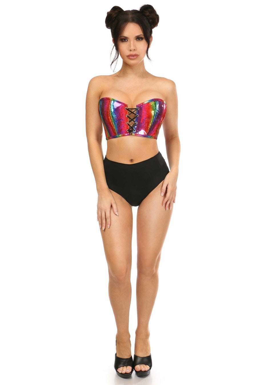 Daisy Corsets Lavish Rainbow Glitter PVC Lace Up Bustier Top in Rainbow 