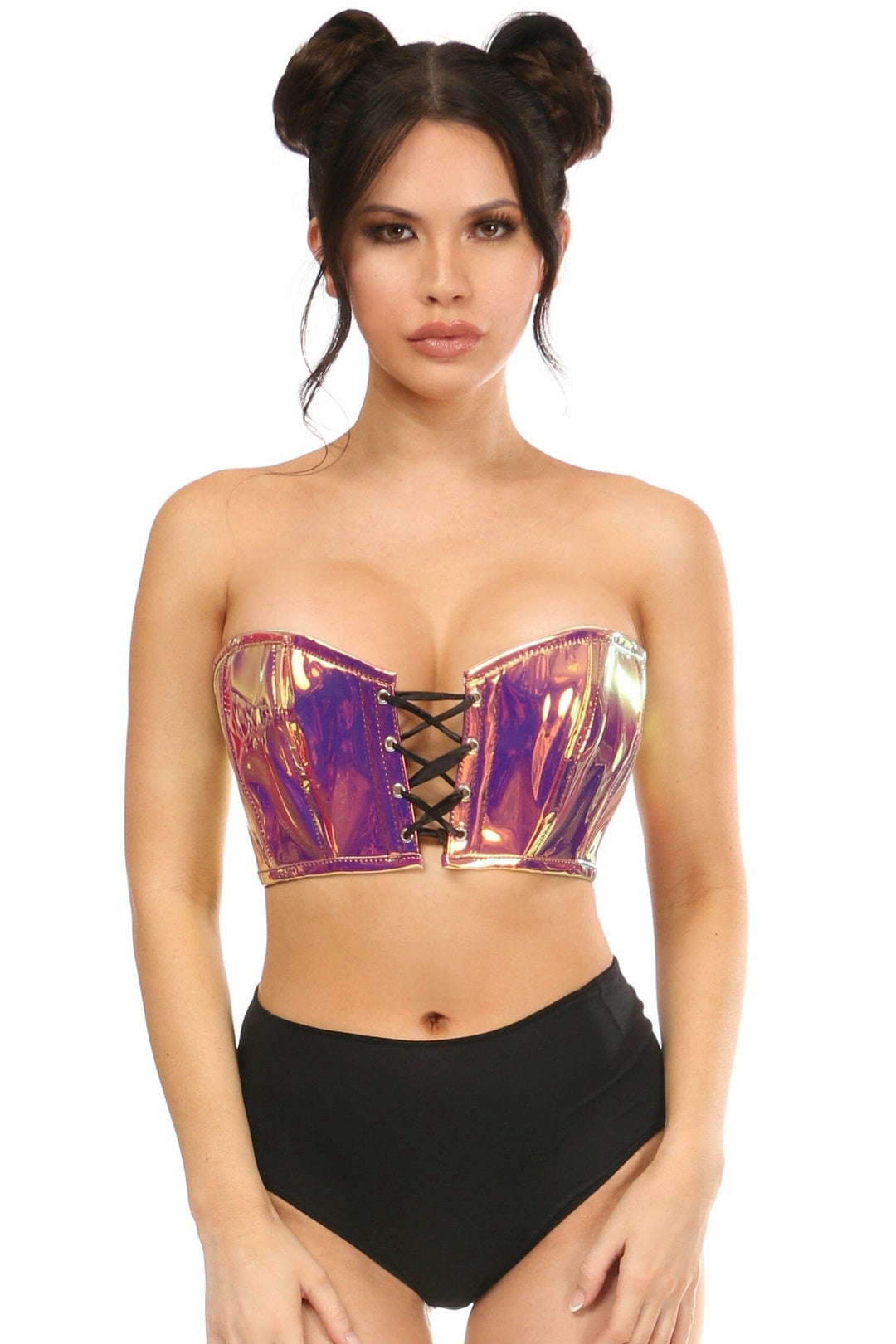 Lavish Rainbow Gold Holo Lace-Up Bustier Top-Bustier Tops-Daisy Corsets-Hologram-S-SEXYSHOES.COM
