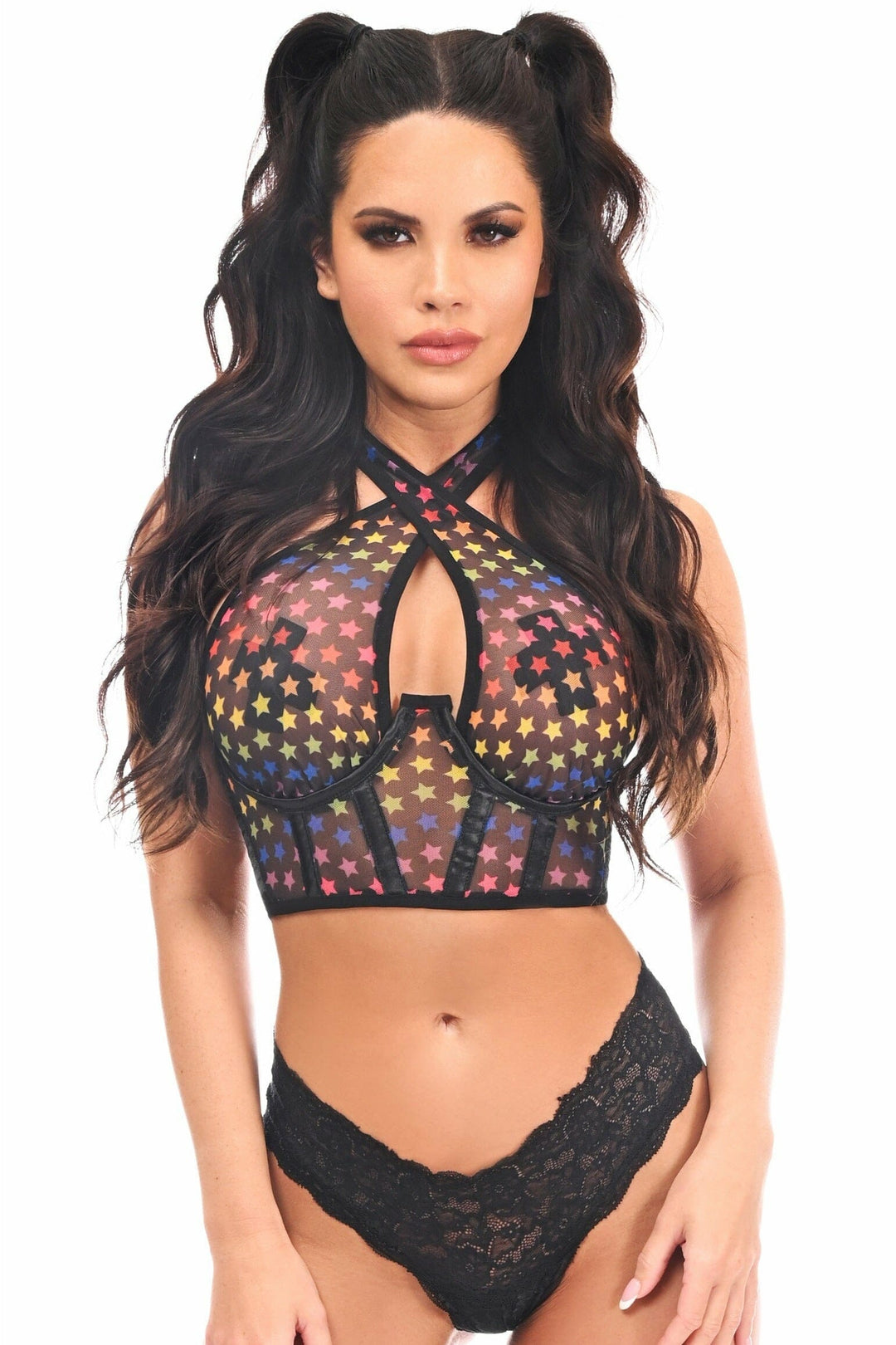 Lavish Rainbow Stars Mesh Underwire Cincher w/Built In Halter Top-Cincher Tops-Daisy Corsets-Rainbow-S-SEXYSHOES.COM