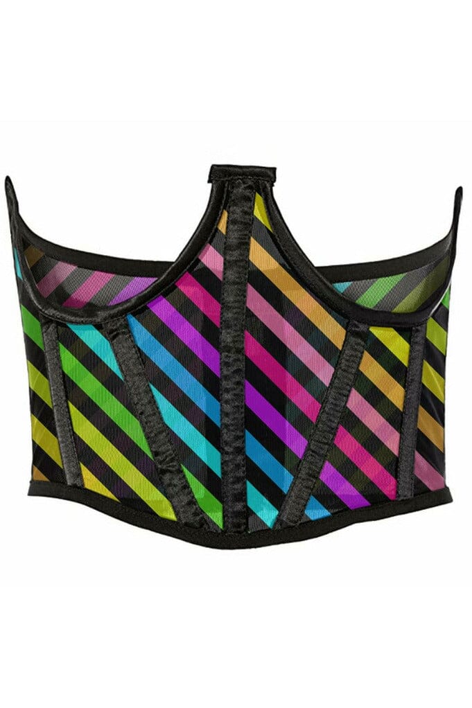 Daisy Corsets Lavish Rainbow Stripes Print Mesh Open Cup Waist Cincher in Rainbow  from SexyShoes.com