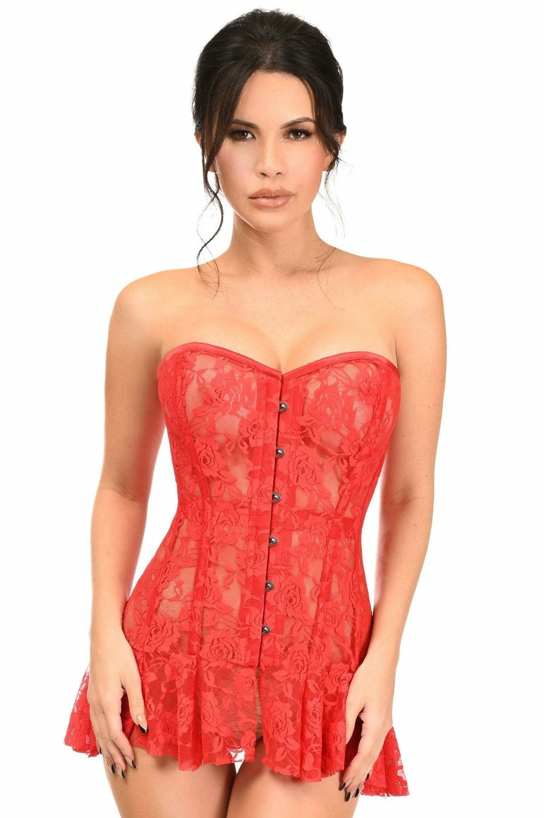Lavish Red Sheer Lace Corset Dress-Corset Dresses-Daisy Corsets-Red-S-SEXYSHOES.COM