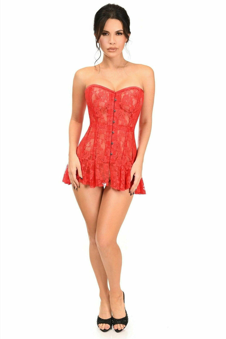 Lavish Red Sheer Lace Corset Dress-Corset Dresses-Daisy Corsets-SEXYSHOES.COM