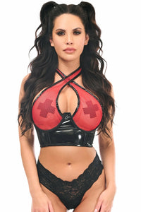 Daisy Corsets Lavish Red/Black Vinyl & Fishnet Halter Top Underwire Cincher in Red  from SexyShoes.com