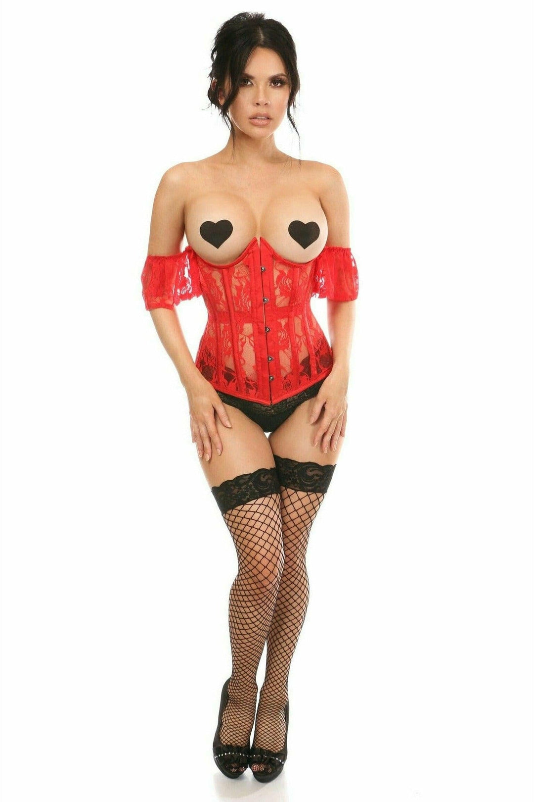 Lavish Sheer Red Lace Underbust Underwire Corset w/Ruffle Sleeve-Underbust Corsets-Daisy Corsets-SEXYSHOES.COM