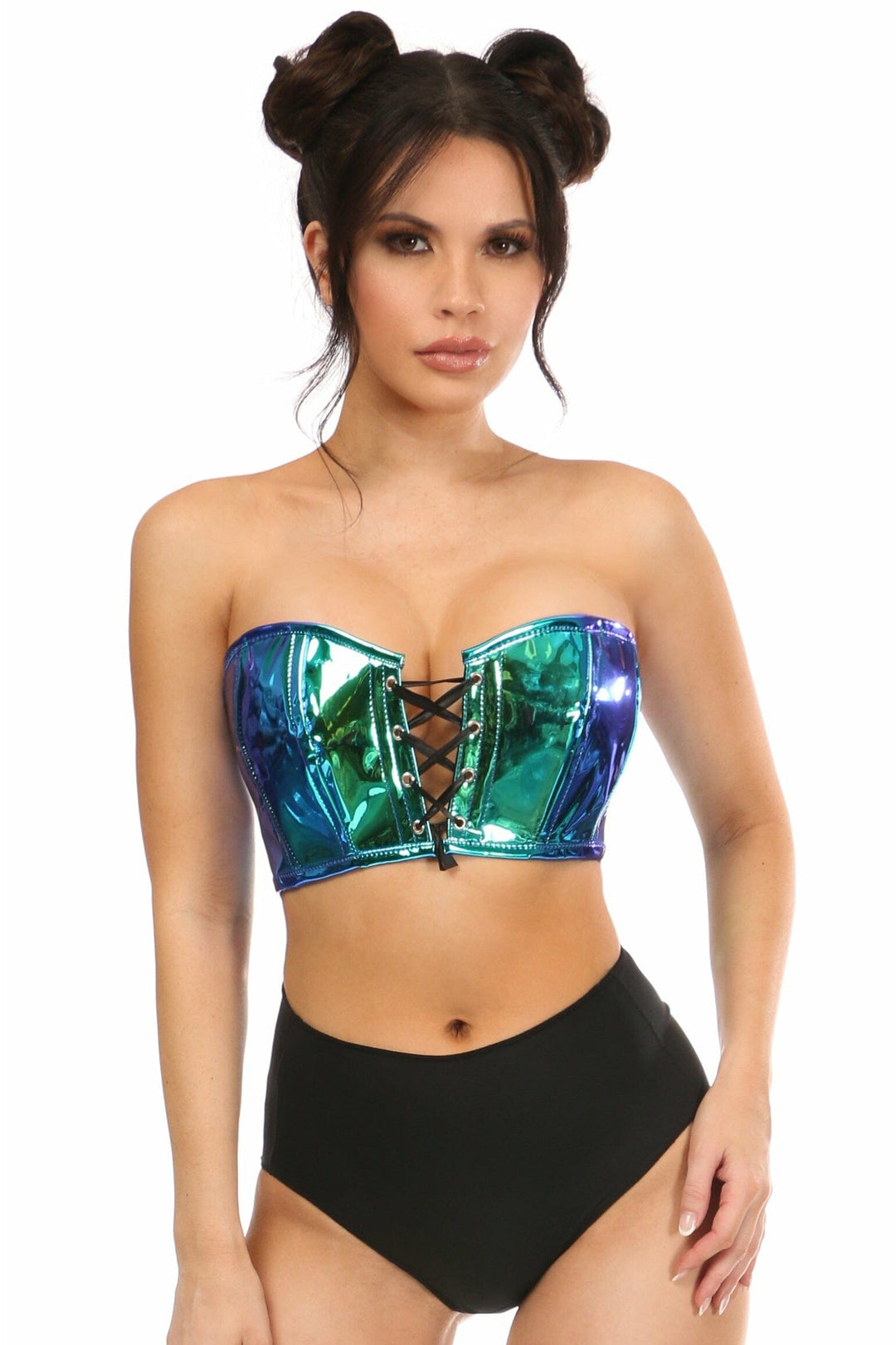 Lavish Teal/Blue Holo Lace-Up Short Bustier Top-Bustier Tops-Daisy Corsets-Hologram-S-SEXYSHOES.COM