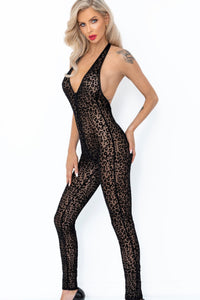 Noir Handmade Leopard flock halter catsuit in Animal 