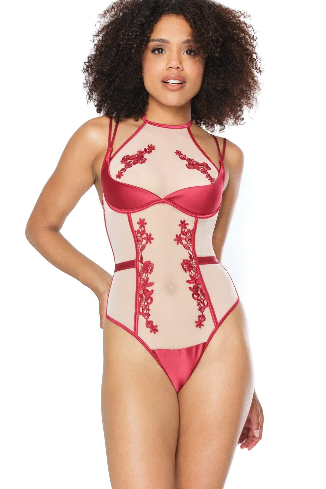 Coquette Lightly Padded Cup Teddy With High Neck & Removable Thong Back in Red  from SexyShoes.com