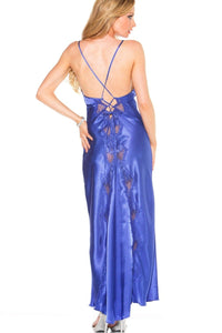 Shirley of Hollywood Long Charmeuse And Scalloped Lace Gown in Blue 