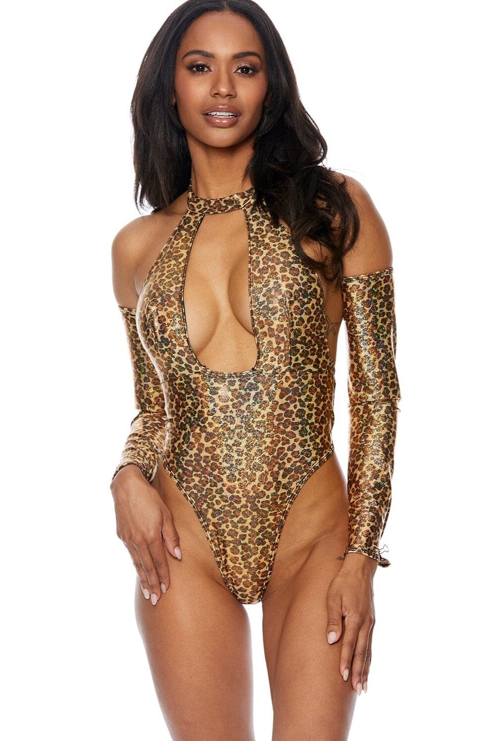 Bodyshotz Leopard Print Hologram Deep Plunge Bodysuit in Animal  from SexyShoes.com