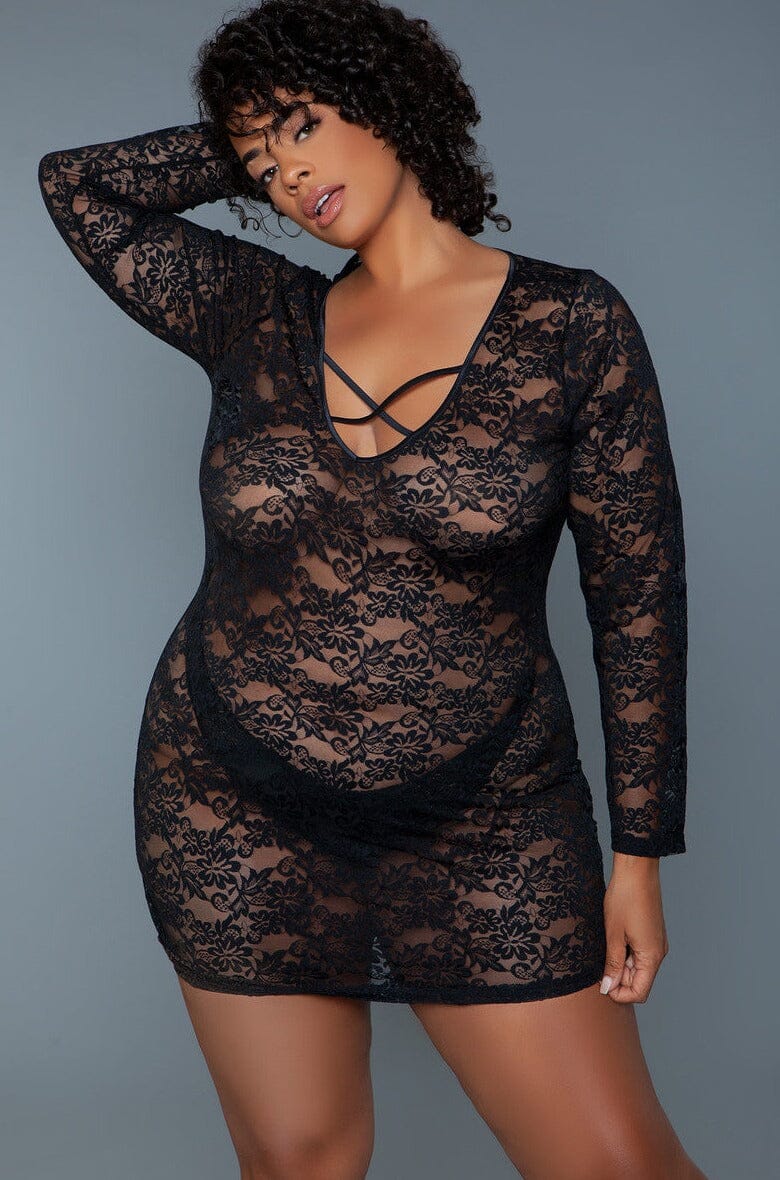Long Sleeved Chemise With Crisscross Front Design | Plus Size-Chemises-BeWicked-Black-1X-SEXYSHOES.COM
