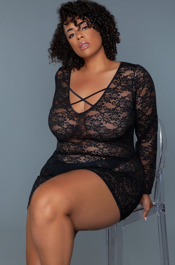 Long Sleeved Chemise With Crisscross Front Design | Plus Size-Chemises-BeWicked-SEXYSHOES.COM