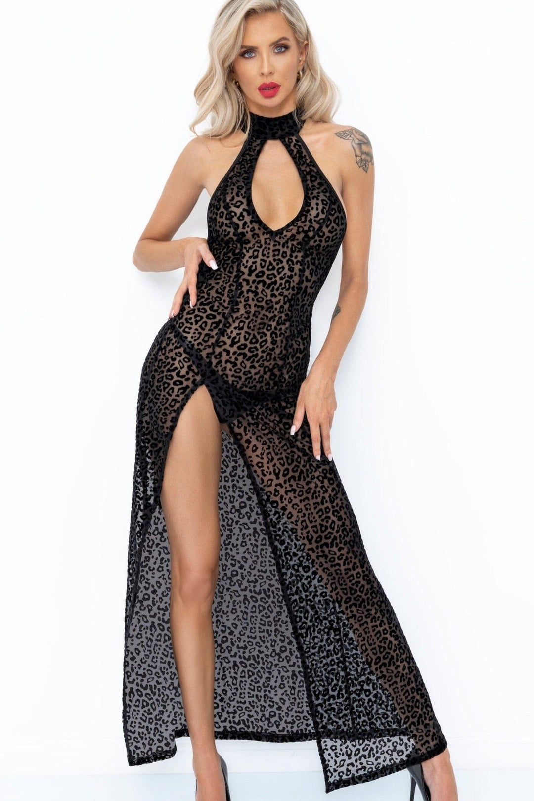 Noir Handmade Long leopard flock dress with front slit in Animal 