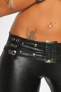 Saresia Low Rise Wetlook Leggings W/Edgy Belt Buckle in Black 