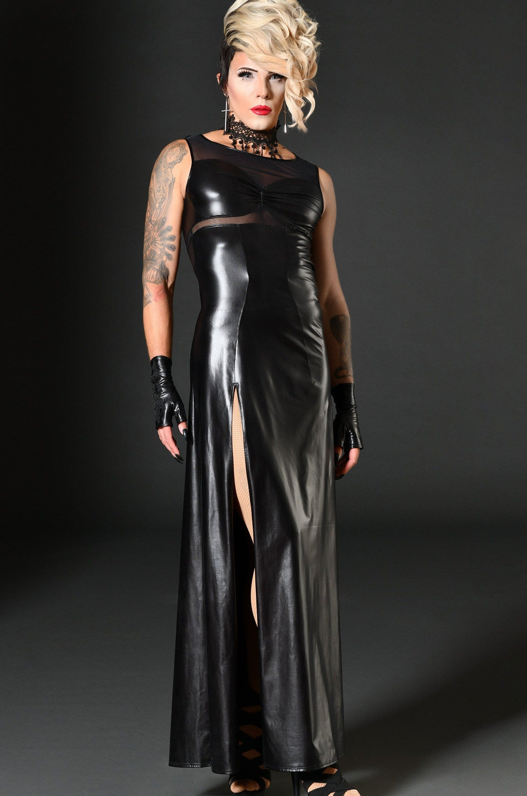 Madame XY by Patrice Lucie Long Slit Edgy Dress in Black Wetlook from SexyShoes.com