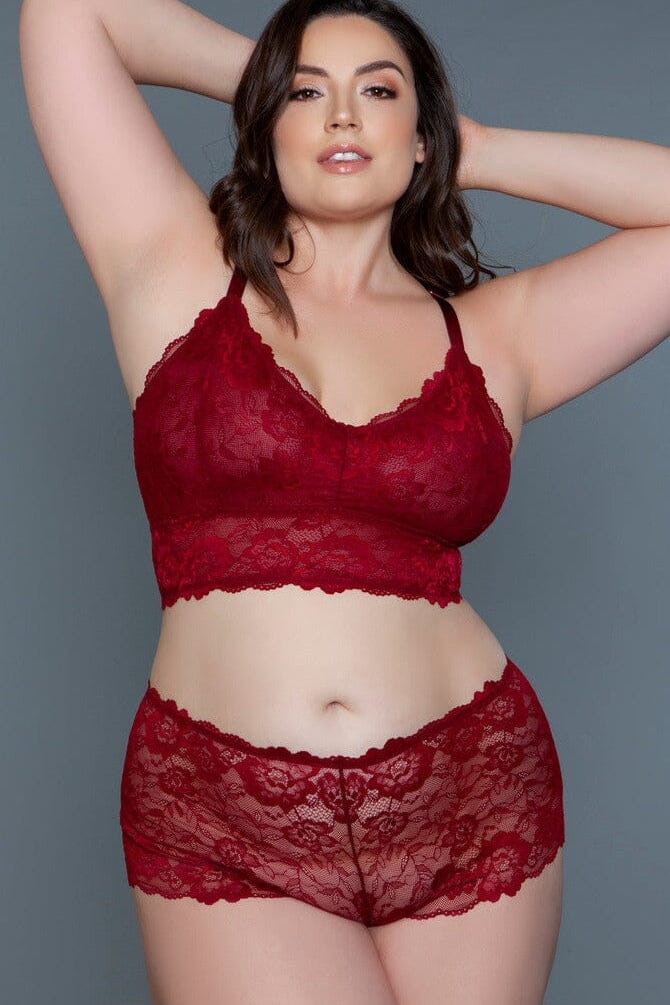 Maroon Red Cami Set With Scalloped Edges Design | Plus Size-Lingerie Sets-BeWicked-Red-1X-SEXYSHOES.COM