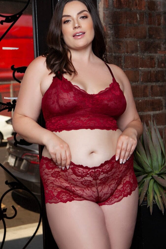 Maroon Red Cami Set With Scalloped Edges Design | Plus Size-Lingerie Sets-BeWicked-SEXYSHOES.COM