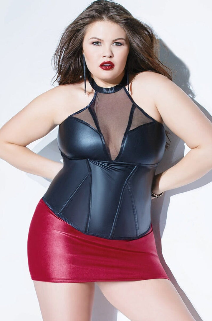 Matte Wet Look Boned Bustier With Sheer Nylon Halter | Plus Size-Teddies-Coquette-Black-1/2XL-SEXYSHOES.COM