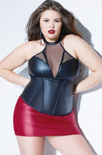 Matte Wet Look Boned Bustier With Sheer Nylon Halter | Plus Size-Teddies-Coquette-Black-1/2XL-SEXYSHOES.COM