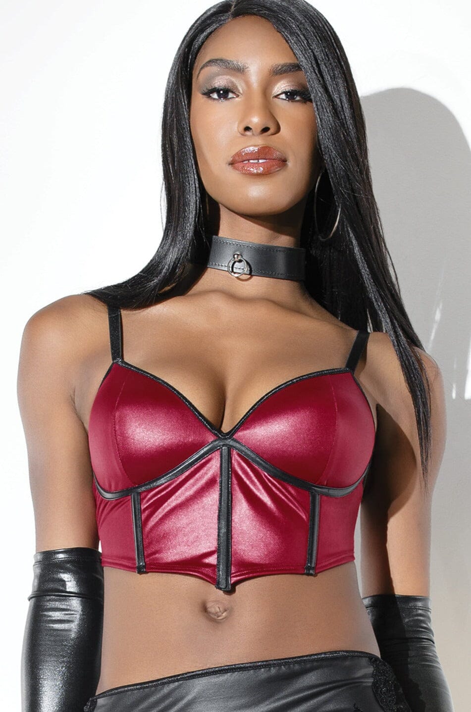 Matte Wetlook Bra With Boning With Lightly Padded Wireless Cups-Fetish Tops-Coquette-Red-L-SEXYSHOES.COM