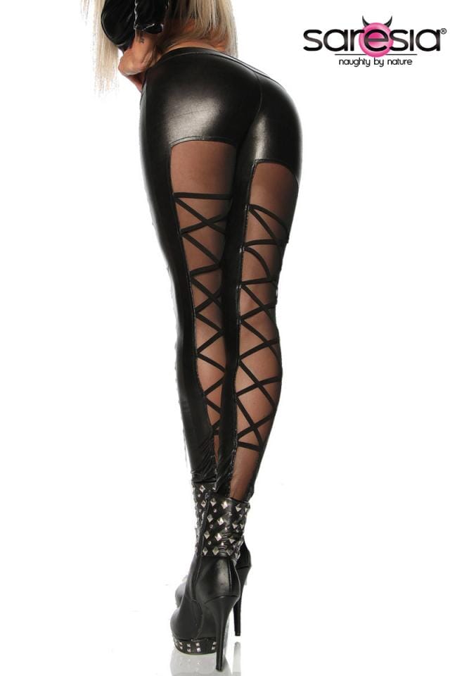Mesh Panel Legging with Strapping Detail-Fetish Pants-Saresia-Black-S-SEXYSHOES.COM