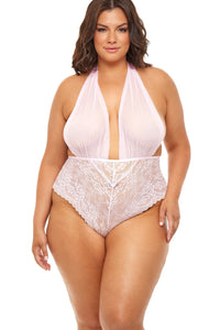Oh La La Cheri Plus Size Mesh V Plunge Halter Teddy in Pink  from SexyShoes.com