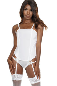 Coquette Metal spiral boning Features front control lining Back hook &amp; eye closure Adjustable straps and removable &nbsp;garters in White  from SexyShoes.com