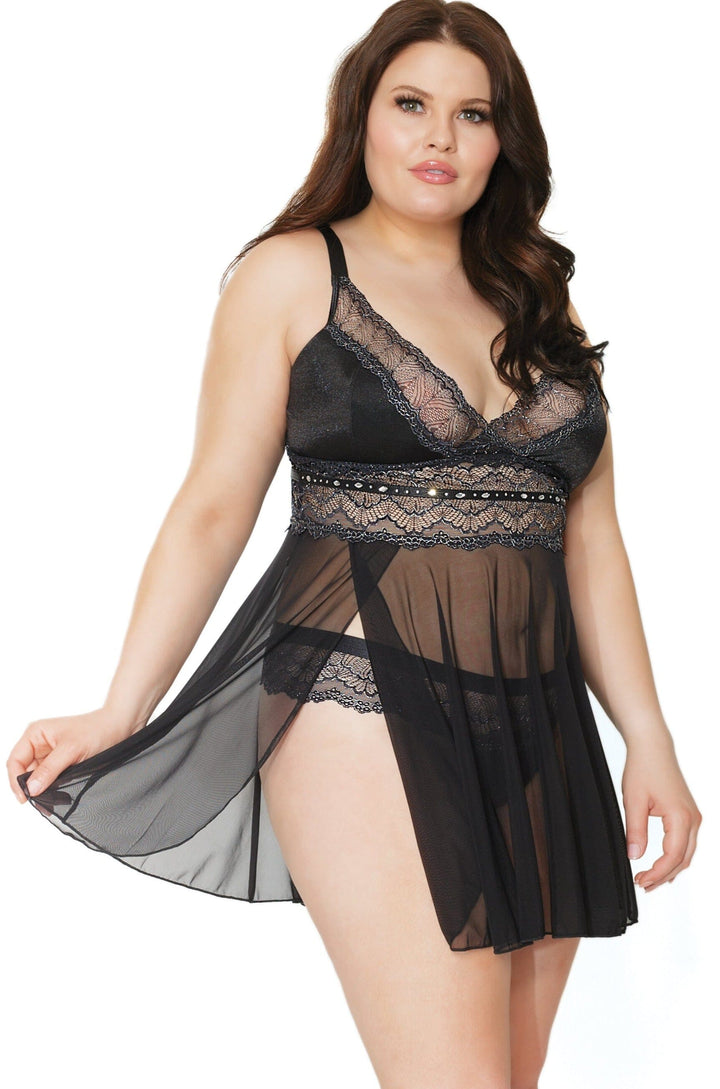 Metallic Babydoll & Thong Set | Plus Size-Babydolls-Coquette-Black-1/2XL-SEXYSHOES.COM