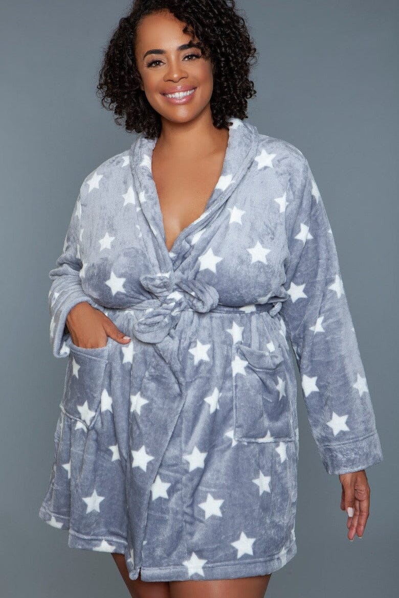 BeWicked Mid Length Plush Velour Robe in Grey 