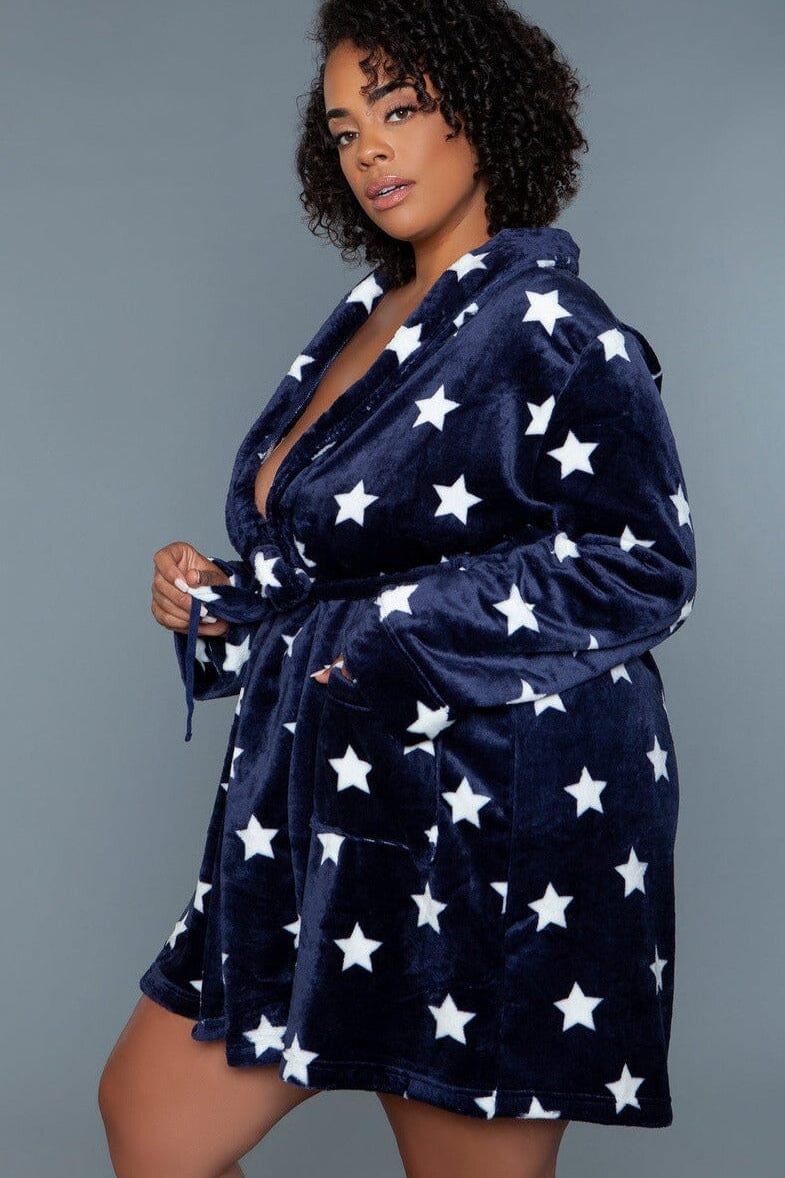 BeWicked Mid Length Velour Plush Robe in Blue 