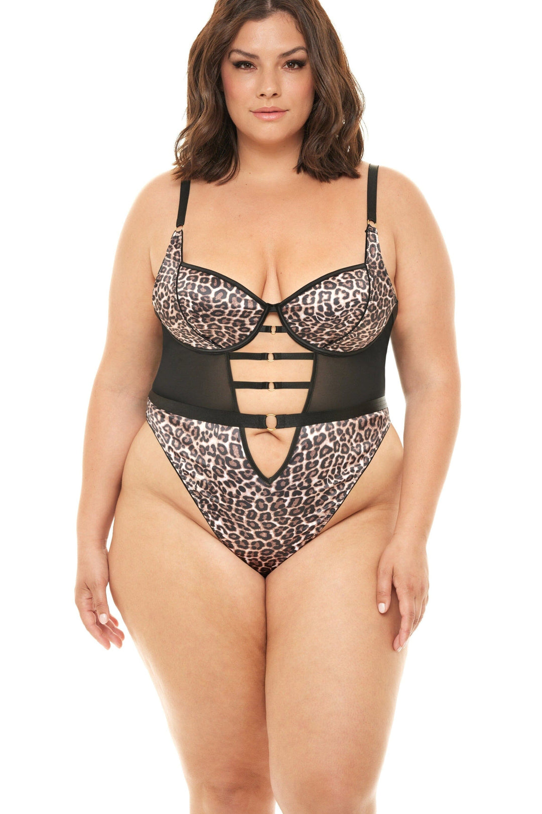 Mold Cup Underwire Teddy With Leopard Print Satin And Mesh Paneling-Teddies-Oh La La Cheri-Animal-2XL-SEXYSHOES.COM