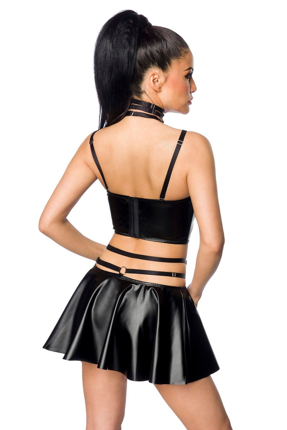 Multi-Strap Wetlook Crop Top & Flared Mini Skirt Set-Fetish Sets-Saresia-SEXYSHOES.COM