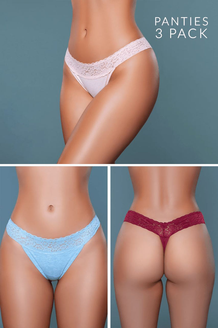 Multiple Low Rise Thong With Floral Lace Waist-Strings + Thongs-BeWicked-Multi-S-SEXYSHOES.COM