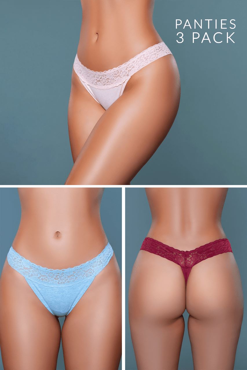 Multiple Low Rise Thong With Floral Lace Waist-Strings + Thongs-BeWicked-Multi-S-SEXYSHOES.COM