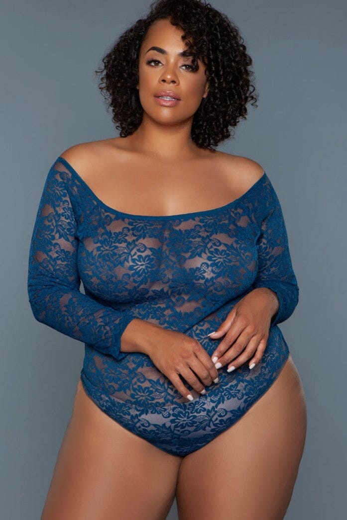 Navy Blue Long Sleeved Bodysuit | Plus Size-Bodysuits-BeWicked-Blue-1X-SEXYSHOES.COM