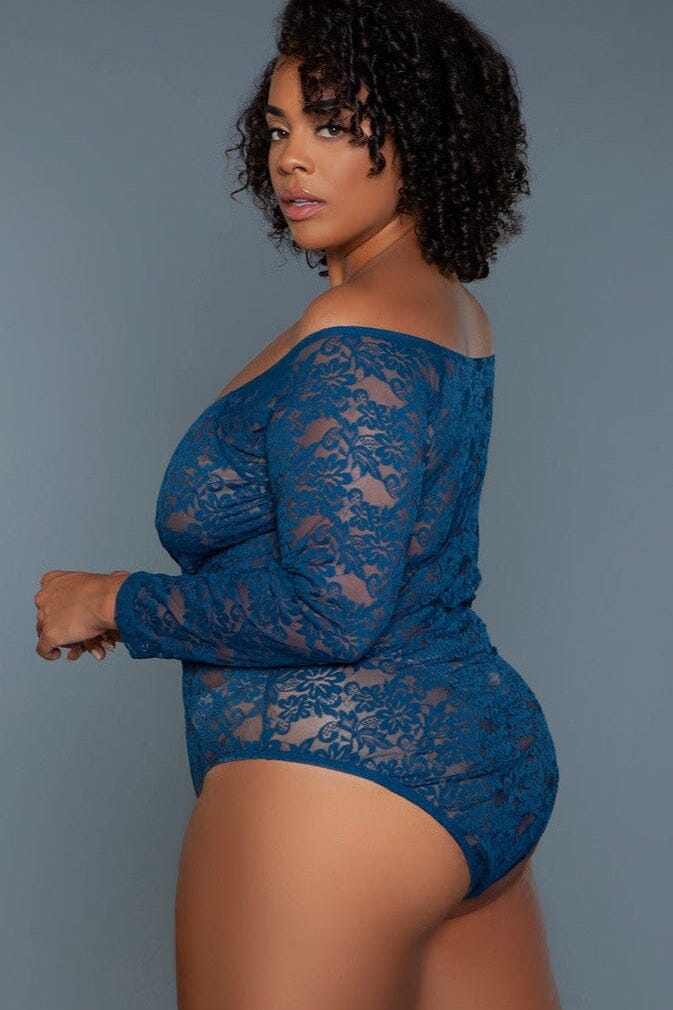 Navy Blue Long Sleeved Bodysuit | Plus Size-Bodysuits-BeWicked-SEXYSHOES.COM