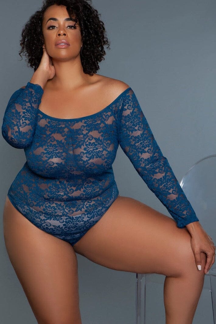 Navy Blue Long Sleeved Bodysuit | Plus Size-Bodysuits-BeWicked-SEXYSHOES.COM