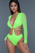 Neon Swimsuit With Mesh Long Sleeves