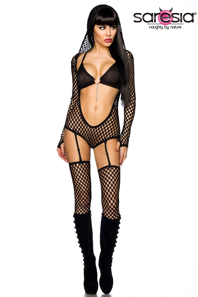 Netted Dancewear Hooded Bodysuit Set-Dancewear Rompers-Saresia-SEXYSHOES.COM