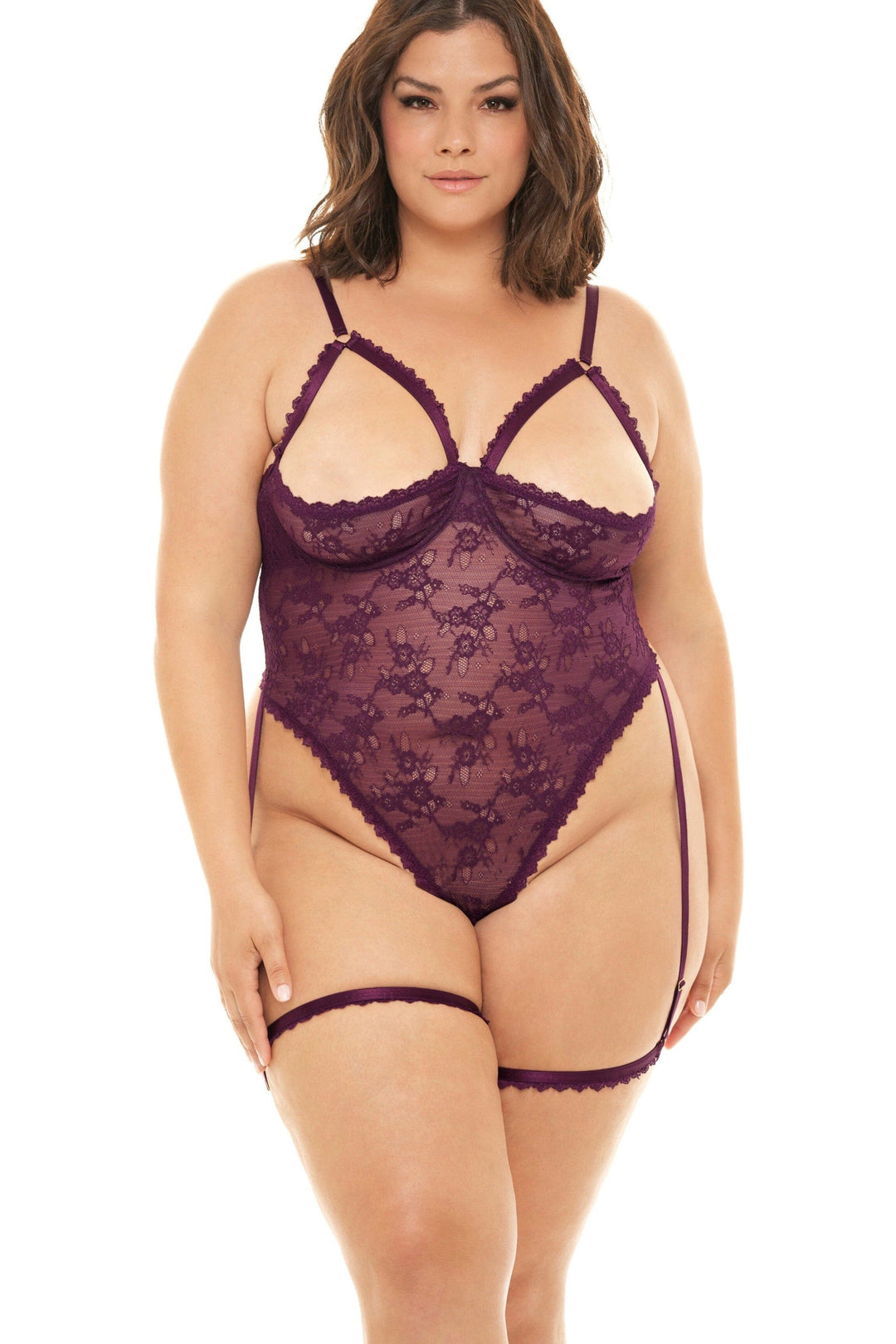 Oh La La Cheri Plus Size Cutout Triangle Top Teddy And Garter Stays in Purple  from SexyShoes.com