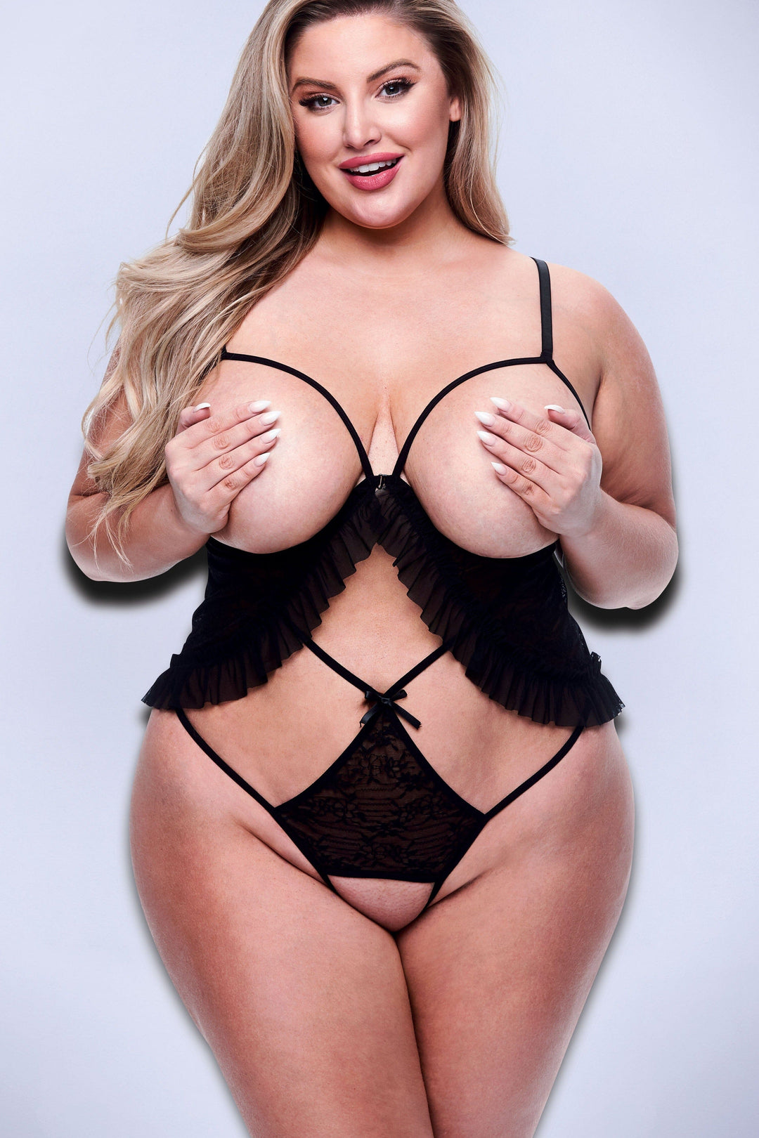 Peek-A-Boo Criss-Cross Teddy | Plus Size-Teddies-Baci Lingerie-Black-Q-SEXYSHOES.COM