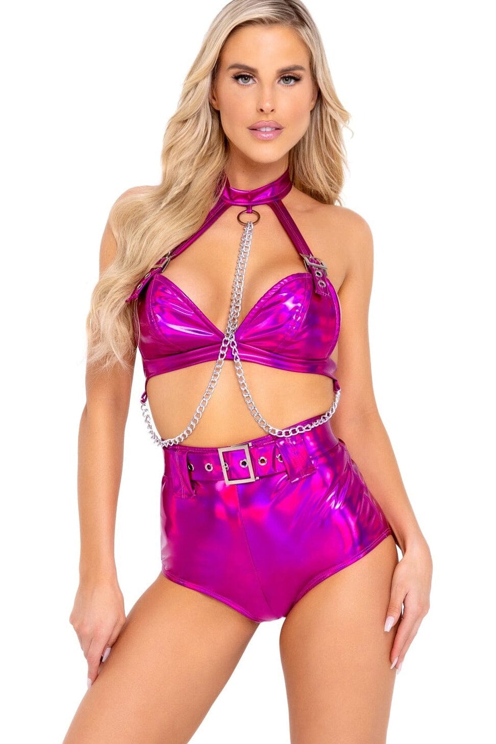 Pink Holographic Top with Chain Detail-Halter Tops-Roma Dancewear-Fuchsia-L-SEXYSHOES.COM